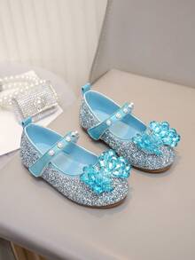 Girls' Rhinestone Princess Leather Shoes, Bow Lightweight Slip-On Shoes, Versatile For Spring/Autumn Daily Wear And Parties - Blue - View 2