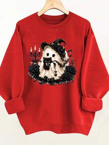 Plus Size Women's Red Gothic Ghost Cat Graphic Sweatshirt, Long Sleeve Crew Neck Drop Shoulder Pullover, Autumn Essential Casual Fall - Red - View 1