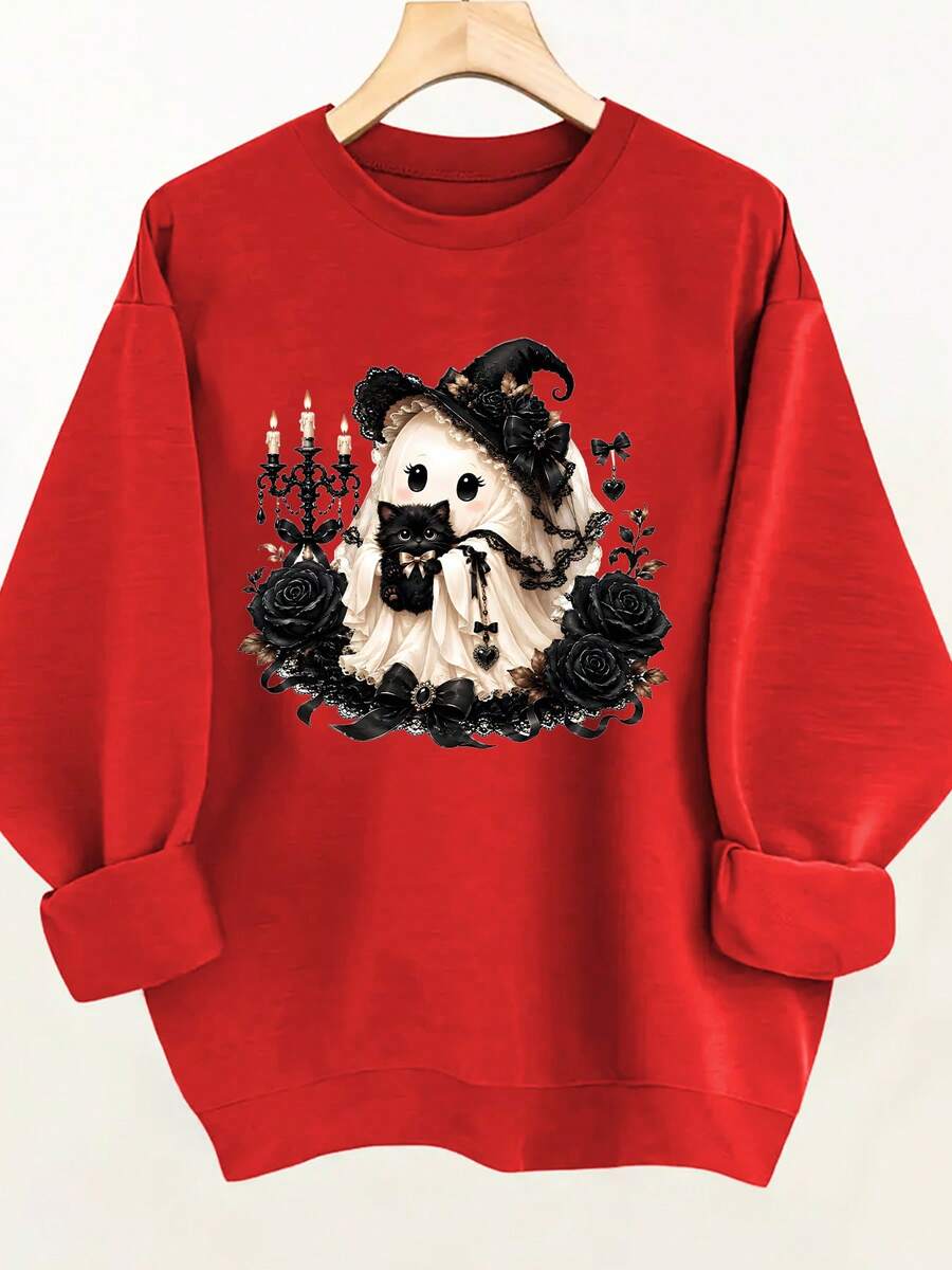 Plus Size Women's Red Gothic Ghost Cat Graphic Sweatshirt, Long Sleeve Crew Neck Drop Shoulder Pullover, Autumn Essential Casual Fall - Red - View 1