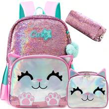 3pcs/Set Girls Cute Iridescent Cat Sequin Backpack Set, Cartoon Cat School Bag With Crossbody Bag And Pencil Case - Girls Backpack - View 2