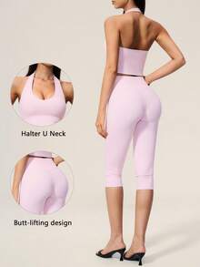 TimeOff Setelan Olahraga Wanita Satu Set Warna Polos, Atasan Tank Top Halter V-Neck Pendek & Celana Panjang Sedang Pinggang Tinggi - Berwarna merah muda - View 11