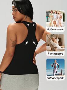 1pc Plus Size 2-In-1 Tank Top With Built-In Bra Pads, Racerback Design, Slimming, Quick-Dry, Casual Sports Yoga Camisole For Women, Suitable For All Seasons - Black - View 2