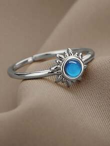 1pc Fashionable Stainless Steel Gold Color Sunburst Turquoise Cocktail Ring, Party Jewelry Gift For Women - Platinum Plated - View 15