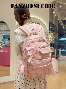 Pink Bow Print Backpack Decorative Satin Bow Ornaments Multi Layer Zipper Pockets Lightweight Student School Backpack For Teen Girls - Pink - View 1