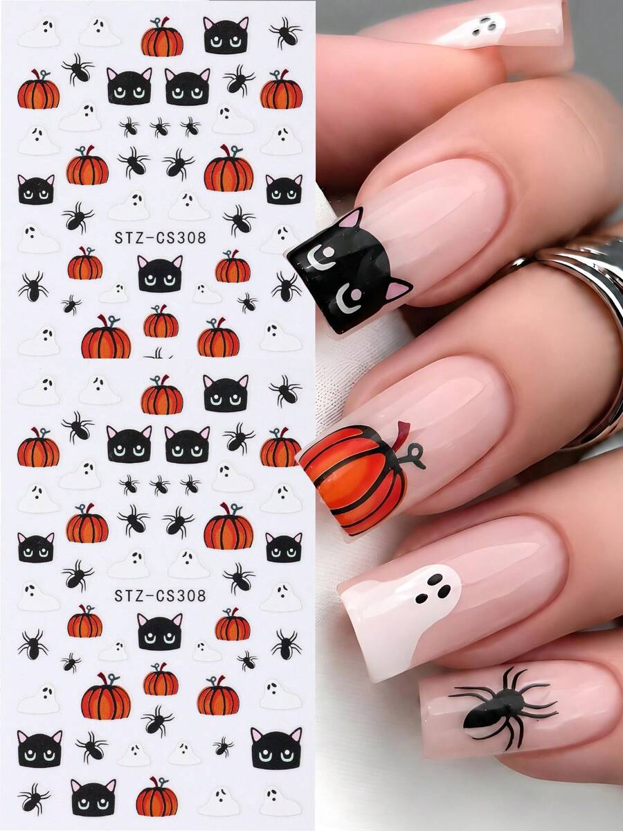 2pcs Cute Halloween Nail Art Stickers, Cartoon Black Cat Pumpkin Ghost Spider Gothic Style Nail Decals, Autumn Nail Decoration DIY Halloween Party Nail Supplies - Multicolor - View 1