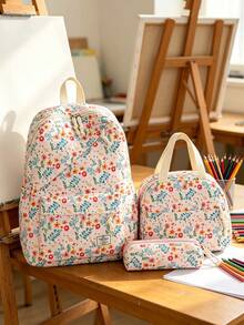 3 PiecesCasual College Style Floral Pattern Backpack Set, Includes Backpack, Lunch Bag And Pencil Case, With Laptop Compartment, Adjustable Shoulder Straps, Multi-Pocket Large Capacity, Multi-Function School Bag Set, Suitable For Girls/Teens/College Students/Graduates Daily Use/Vacation/Travel/Back To School. - 2347 - View 10