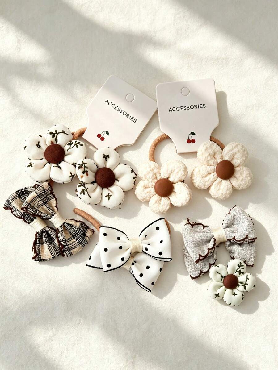 10pcs Vintage Floral Bow Fabric Hair Tie Pack - Multicolor - View 1