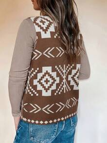 Acelitt Rompi Rajut Kasual Tanpa Lengan Kancing Depan Terbuka Motif Geometris Jacquard Dasar Cokelat untuk Wanita - MultiWarna - View 2