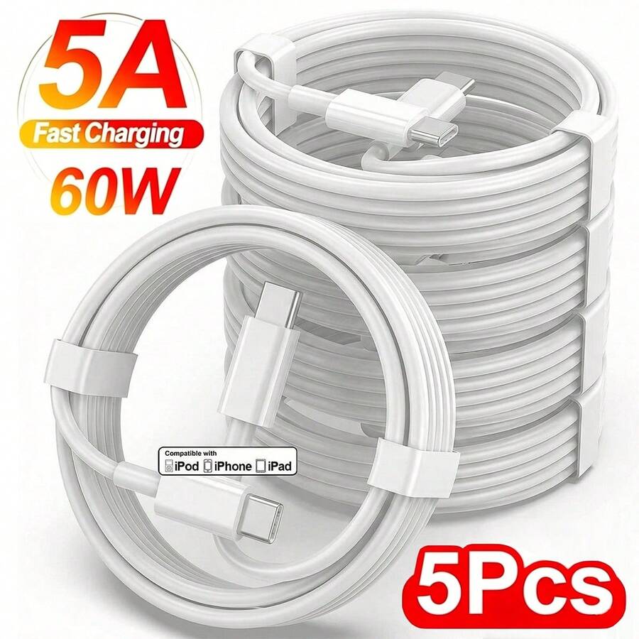 1/3/5入 3.3ft/100cm USB C 轉 USB C 快充線 Type-C 高效數據傳輸線,相容 iPhone 17 Pro Max/17 Pro/17/16 Pro Max/16 Pro/16/15 Pro Max/15 Pro/15 Plus/15 - 白色 - 查看 1