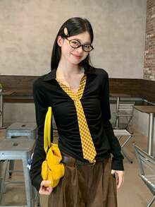 Kaos Lengan Panjang Hitam Wanita Gaya Korea Musim Gugur Slim Fit Atasan Dalaman Kasual - Hitam - View 5