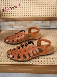 Vortread New Women's Hollow Closed Toe Flat Sandals With Elastic Back Strap, Anti-Slip Design, Casual Vacation Commute Versatile Summer Shoes - Brown - View 8