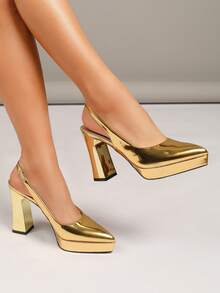 Women's Square Toe Gold Chunky Heel High Heels Thick Sole Back Strap Fashion Elegant Summer Autumn Shoes (Runs Half Size Large) - Gold - View 3