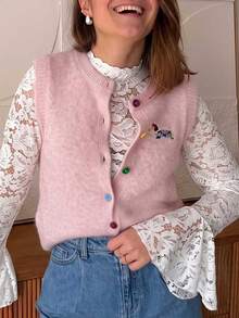 SEREN 女款粉色圓領針織背心，多色鈕扣針織開襟衫，刺繡無袖上衣，學院風秋冬疊穿上衣 - 粉色 - 查看 2