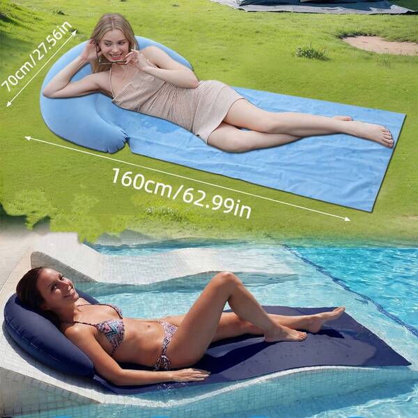 1pc Portable Flocked Inflatable Beach Lounge Chair, Foldable PVC Pool Float Mat, Outdoor Vacation Aesthetic Accessory, Suitable For Beach, Pool And Daily Styling