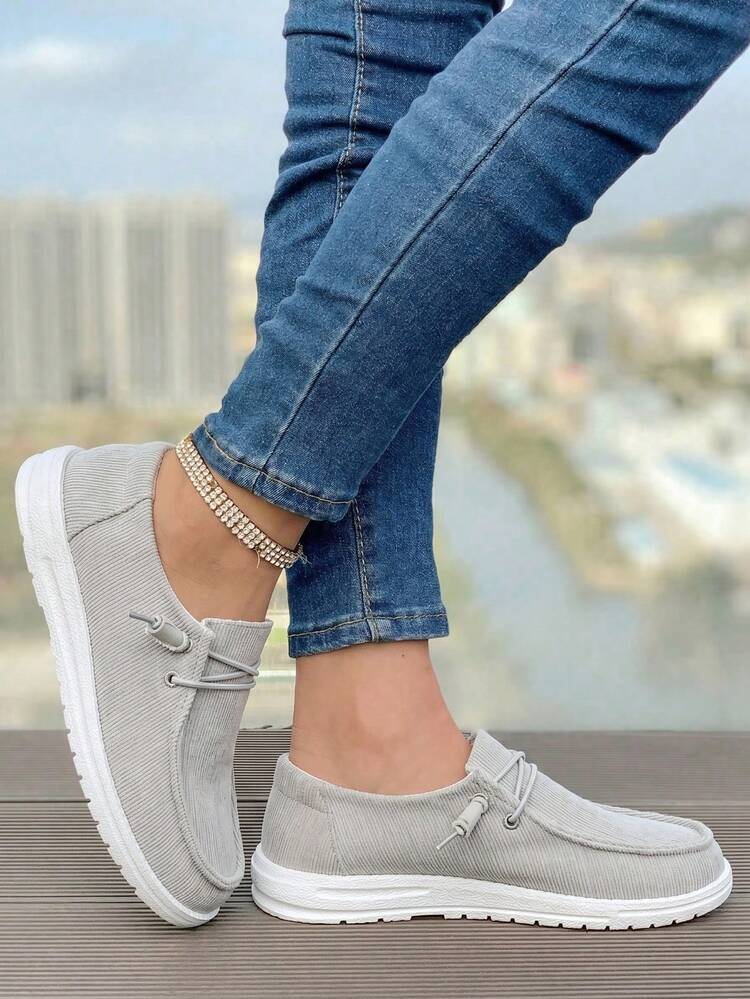Women's Solid Color Loafers, Round Toe With Elastic Laces. Light Comfy Flats, Easy To Wear, Suitable For Indoor, Outdoor And All Seasons - Ash - View 4