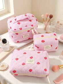 Strawberry Pattern Cosmetic Bag Large Capacity Make Up Bag Fashionable Strawberry Striped Makeup Bag Cute Quilted Floral Cosmetic Pouch Toiletry Bag - Multicolor - View 2
