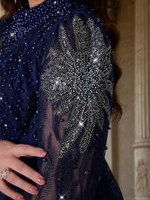 Plus Size Fall Elegant Long Sleeve Leaf Lace Beaded A‑Line Maxi Dress, Winter Mock Neck Formal Evening Gown For Party Wedding Going Out - Royal Blue - View 7