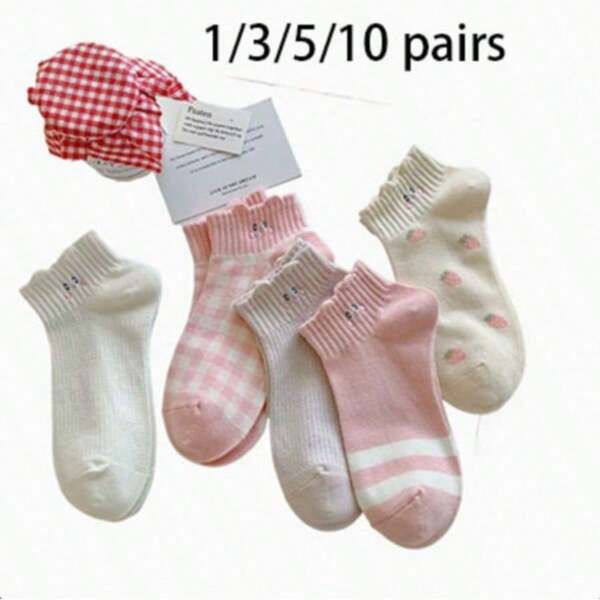 1/3/5/10 Pairs Sweet Pink Cute Cartoon Women's Short Socks, Breathable Comfortable Ins Versatile Student Japanese Style Women's Socks