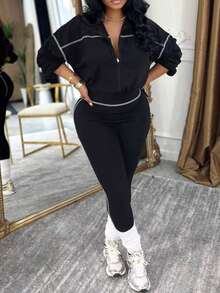 Fall Women's Casual Sports Set: Two Pieces Set With A Collared, Long-Sleeved, Zippered Top And Elastic-Waist Leggings - Black - View 3