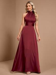Burgundy Elegant Halter Neck Sleeveless Satin A-Line Evening Gown, Autumn/Winter Formal Dress, Suitable For Wedding Guests, Prom, Party And Holiday - Burgundy - View 7