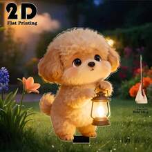 2D Flat Design, 1pc Cute Puppy Holding Glowing Light Garden Stake, Outdoor Yard Decor, Easter Garden And Flower Bed Decoration, Memorial Decor For Mourning And Cemetery, Tombstone Decoration - A - View 4