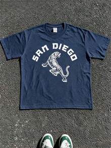 1pcs Vintage San Diego Tiger Graphic T-Shirt, Unisex Tee For Men Women, 100% Cotton Retro Funny Print Top, Summer Casual Daily Outfit - 藏藍色5 - 查看 1