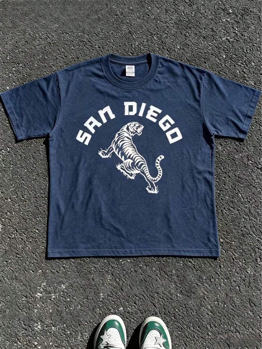 1pcs Vintage San Diego Tiger Graphic T-Shirt, Unisex Tee For Men Women, 100% Cotton Retro Funny Print Top, Summer Casual Daily Outfit - 藏藍色5 - 查看 1