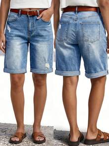 Summer Washed Denim High Waist Slim Fit Frayed Hem Denim Shorts Casual - Blue - View 2