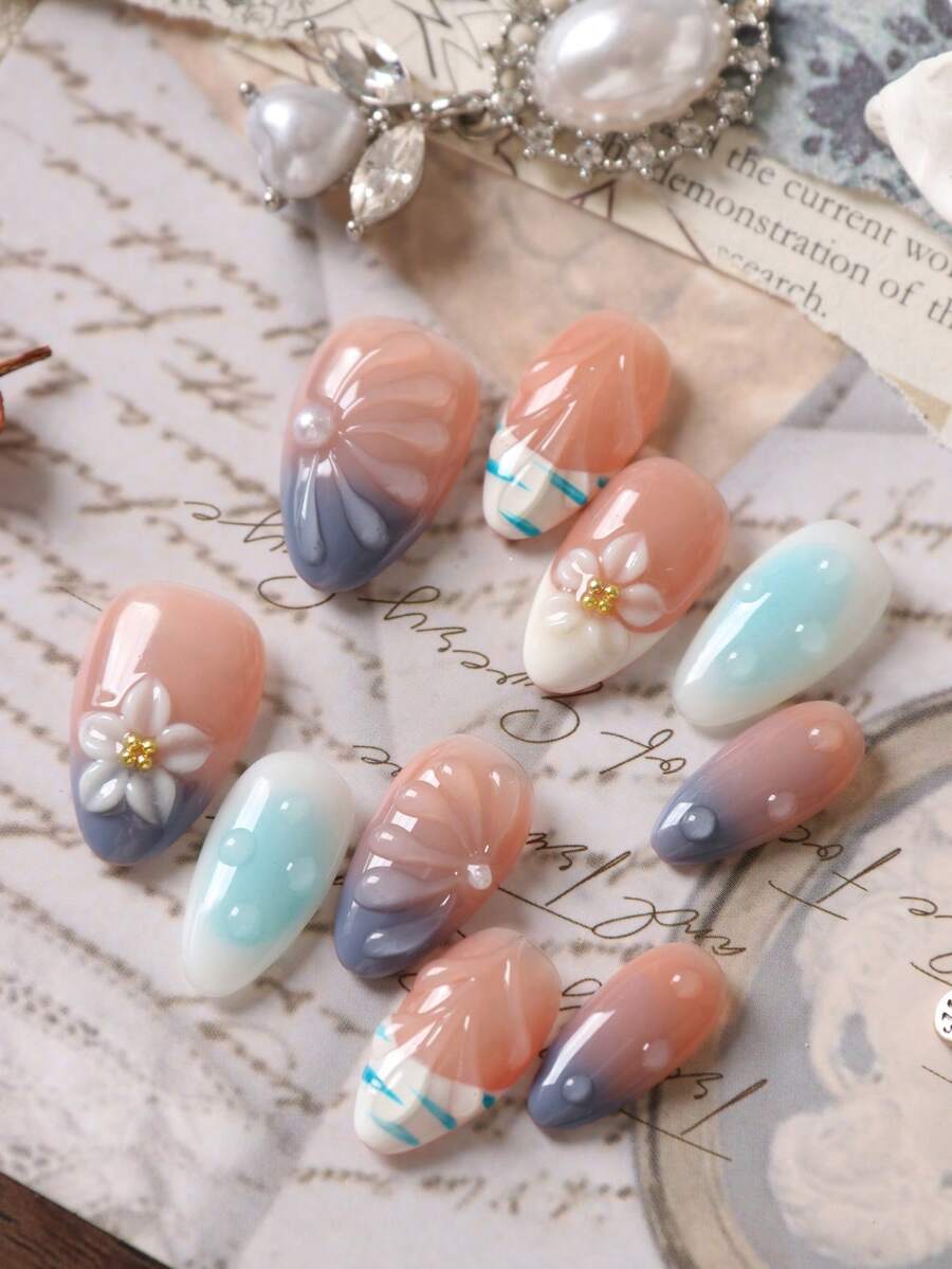 10pcs Press On Nails Almond French Style White Flower Blue Nails Press On Nail Supplies Fake Nails Short Office DailyWear False Nails Artificial Nails Kit Includes 1sheet Adhesive Tabs &1 Pc Mini File Handmade Press On Nails - Multicolor - View 1