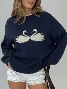 Suéter tipo pullover con patrón de cisne azul marino para mujeres, otoño/invierno - Azul Marino - Ver 2