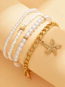 4pcs/Set Starfish Pendant Seed Bead Anklet Simple Faux Pearl Beaded Multi-Layer Foot Jewelry - White - View 2