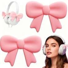 2pcs Pink Bowknot Decor Headphone Accessories Cute Printed Bowknot Fashionable Headphone Attachments Christmas Gamer Gift For Her Women Gamer Ribbon - View 5