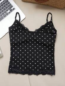 Summer American Retro Sweet Lace Patchwork Polka Dot Print Fitted Camisole, Suitable For Street, Date, Vacation And Outing Casual Black - Black - View 9