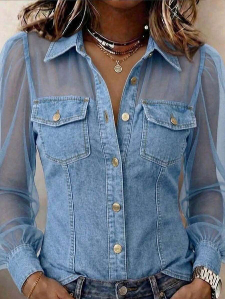 Women's Denim Fabric & Mesh Patchwork Shirt, Long Sheer Puff Sleeves, Button-Down With Fake Chest Pockets, Slim Fit Casual Top For Everyday Wear - 霧霾藍 - 查看 1