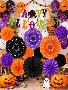 This Halloween Party Decoration Banner Set Includes Letters, Different Colored Paper Flower Balls, And Paper Fans. It's A Halloween Party Accessory, Home Decor Item, And Perfect For Creating A Halloween Party Atmosphere. - Multicolor - View 1