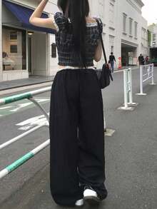 Solid Color Fishbone Pressed Line Vacation Design Waistband Lightweight Loose Straight Leg Long Pants Casual Sports Pants Black - Black - View 7