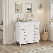 Cómoda de 3 Cajones Estilo Moderno – Gabinete de Madera Blanca con Detalles en Ratán y Tiradores Negros, Patas Curvas, Para Sala, Recámara o Entrada, Acabado Roble Natural​ - Blanco - Ver 2