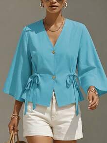 1pc Solid Color Woven Fabric Bow Tie Blouse, Suitable For Vacation And Daily Wear, Spring/Summer - Baby Blue - View 4