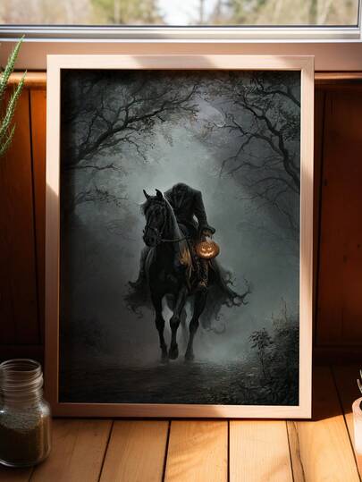1pc Framed Canvas Wall Art Decor, Dark Gothic Headless Horseman Pumpkin Canvas Wall Painting, Vintage Halloween Spooky Forest Print, Dark Academia Aesthetic Decorative Poster, Suitable For Modern Home Decor, Room Decor, Dorm Decor, Bedroom Decor, Bathroom Decor, Kitchen Decor, Dining Room Decor, Living Room Decor, Office Decor, School Decor, Classroom Decor