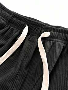 Hidkat Pantalones Capri Deportivos Casuales para Hombre, Pana Ligera, Cintura Elástica con Cordón, Cómodos para el Hogar, Ocio Diario & Uso al Aire Libre - Negro - Ver 4