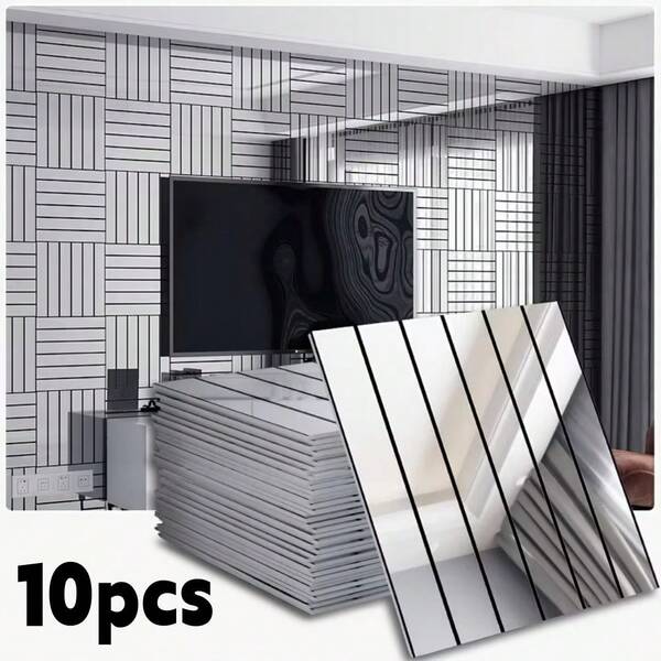 10pcs 11.81inchx11.81inch Peel And Stick Wallpaper, Modern Luxury Grid Stripe, Contact Paper, Mirror Reflective Texture Thickened Self Adhesive Film For TV Background, Living Room, Bedroom Striped Wallpaper