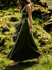 1PC Vintage European Court Style Women's Dress, Medieval Creative Floral Pattern Totem Deep V-Neck Sleeveless Dress, Elegant Traditional Attire Fall - Multicolor - View 3