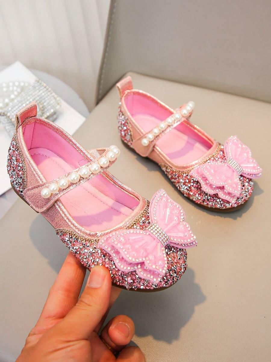 Girls' Pearl Design Princess Shoes, Bowknot Rhinestone Shoes, Versatile For Spring/Summer Outings And Daily Wear - Pink - View 1