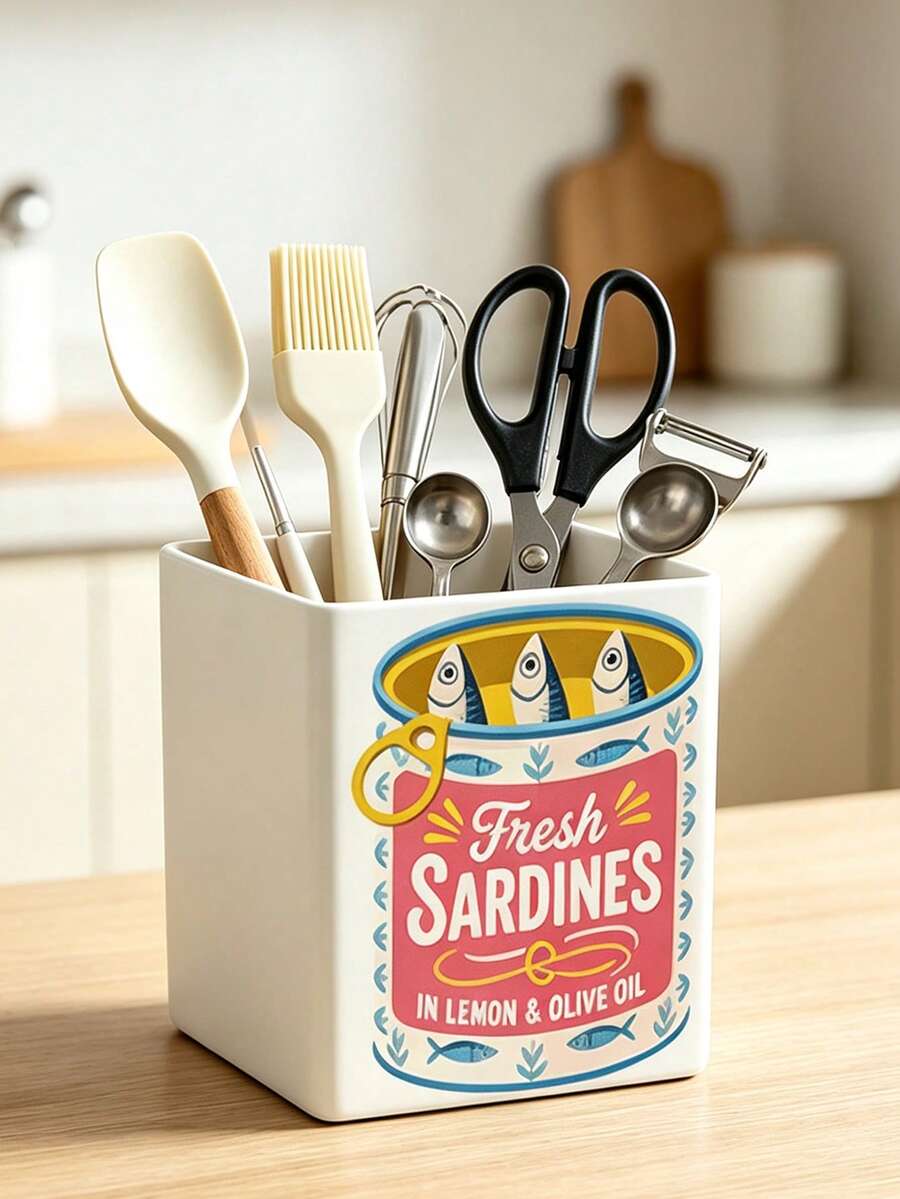 New Canned Sardine Pattern Tableware Storage Box, Multi-Functional Large Capacity Tableware Storage Box, Suitable For Storing Spoons, Forks And Knives, Ideal For Party And Kitchen Countertop Organization, Also Can Be Used For Storing Makeup Brushes, Cosmetics And Hair Clips - Multicolor - View 1