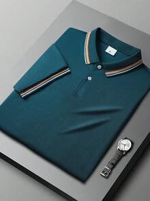 男士夏季輕量對比飾邊 Polo 衫 | 有領短袖休閒上衣，適合戶外、街頭、海灘、日常與輕量運動穿著 - 孔雀藍 - 查看 4