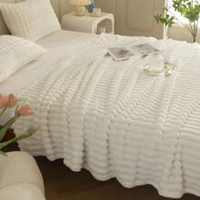 Valentine's Day Decoration Gift 1pc Blanket Comfortable Retro Style Faux Rabbit Fur Blanket - Plush, Warm Choice For Sofa And Chair, Striped Pattern, Machine Washable, Polyester Blend, Comfortable All Seasons, Chair & Bed Cover | Soft Blanket | Polyester Blend, Rabbit Accessory - White - View 7
