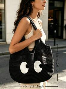 LFIRSTL Summer Beach Vacation Large Capacity Hollow Design Lightweight Portable Solid Color Knitted Tote Bag, Suitable For Beach Vacation Daily Commute Women's Shoulder Bag - Black - View 5