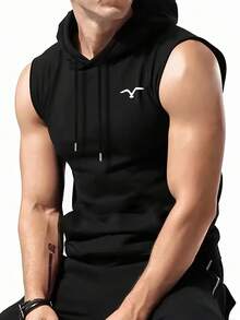 Men's Seagull Print Drawstring Hooded Casual Top - Black - View 1