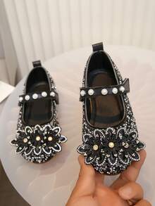 Girls' Pearl Rhinestone Princess Ballet Shoes, Bowknot Breathable Casual Shoes, Versatile Daily Wear For Spring, Summer, Autumn - Black - View 4