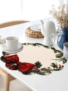 2/4/600pcs Christmas Party Flower Placemats - Vintage Holly And Red Bow Wreath; 13.78 Inch Linen Material; Tabletop Decor Non-Slip, Heat-Resistant And Machine Washable - Multicolor - View 6